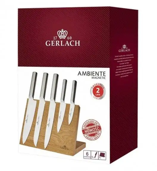 GERLACH AMBIENTE MAGNETIC Komplet 5 noży z deską magnetyczną + Ostrzałka 3w1 uni czarna