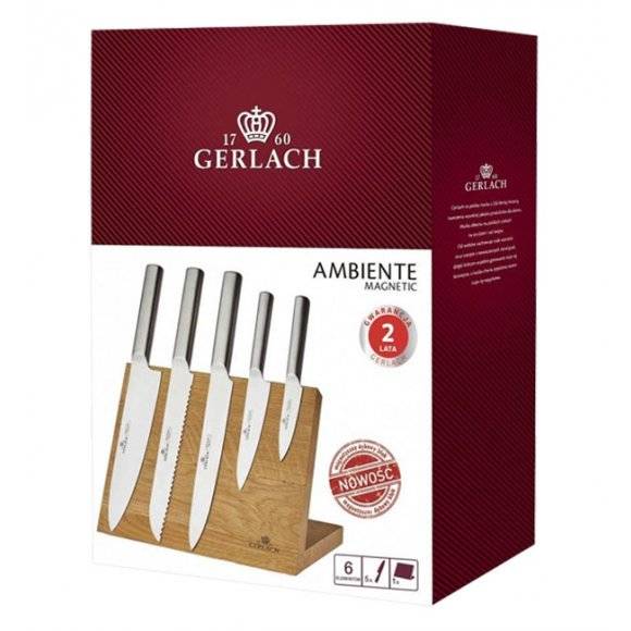 GERLACH AMBIENTE MAGNETIC Komplet 5 noży z deską magnetyczną + Ostrzałka 3w1 uni czarna