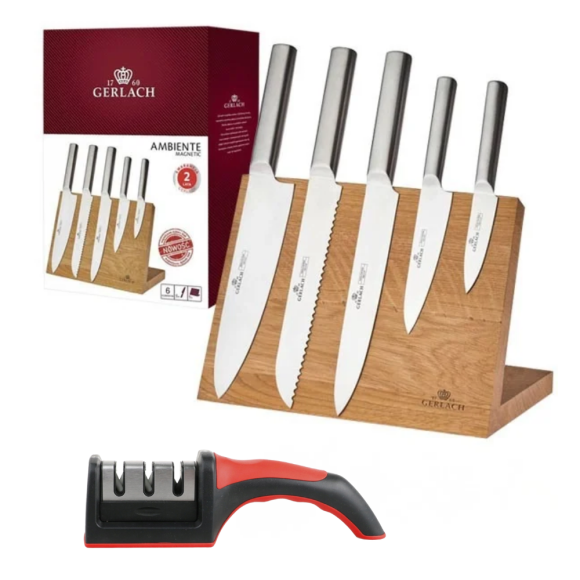 GERLACH AMBIENTE MAGNETIC Komplet 5 noży z deską magnetyczną + Ostrzałka 3w1 uni czerwona