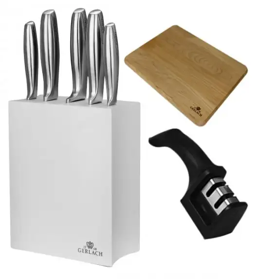 Noże kuchenne  Gerlach Modern 993 - 5 szt w bloku białym + Ostrzałka Gerlach + Deska. Noże całostalowe.